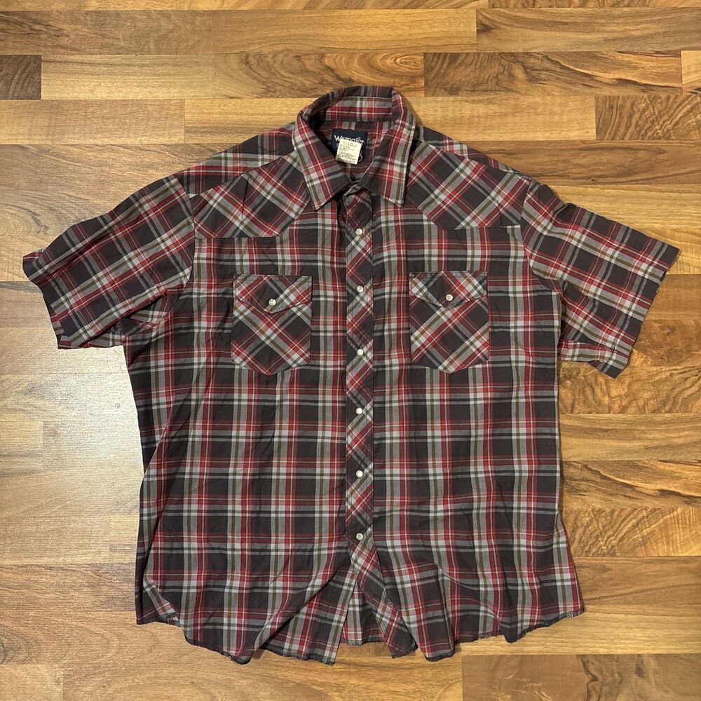 Vintage 90’s Western Cowboy Wrangler Plaid Red Black Pearl Snap Size XXL